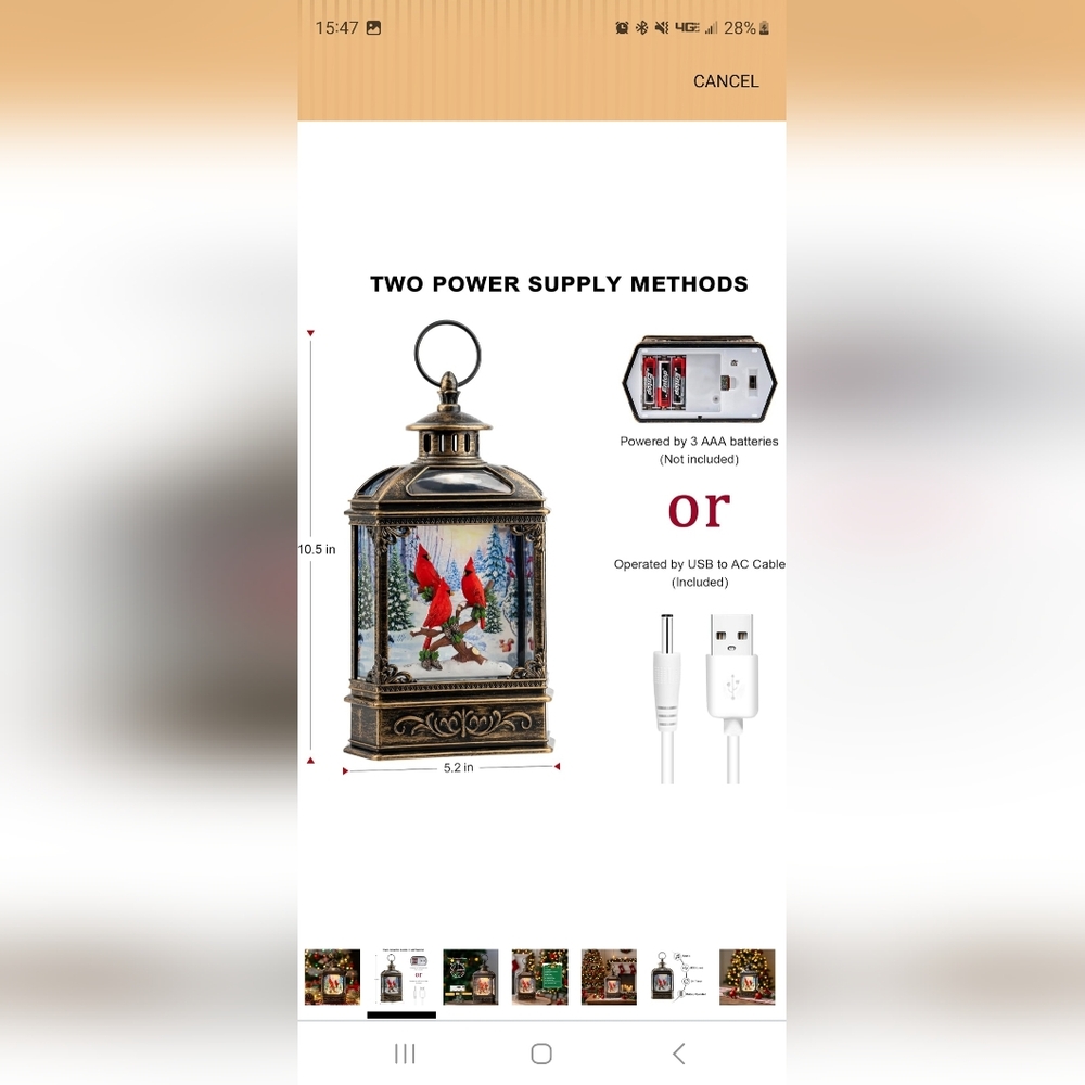 Antique Bronze Lantern Snow Globe with Red Cardinals